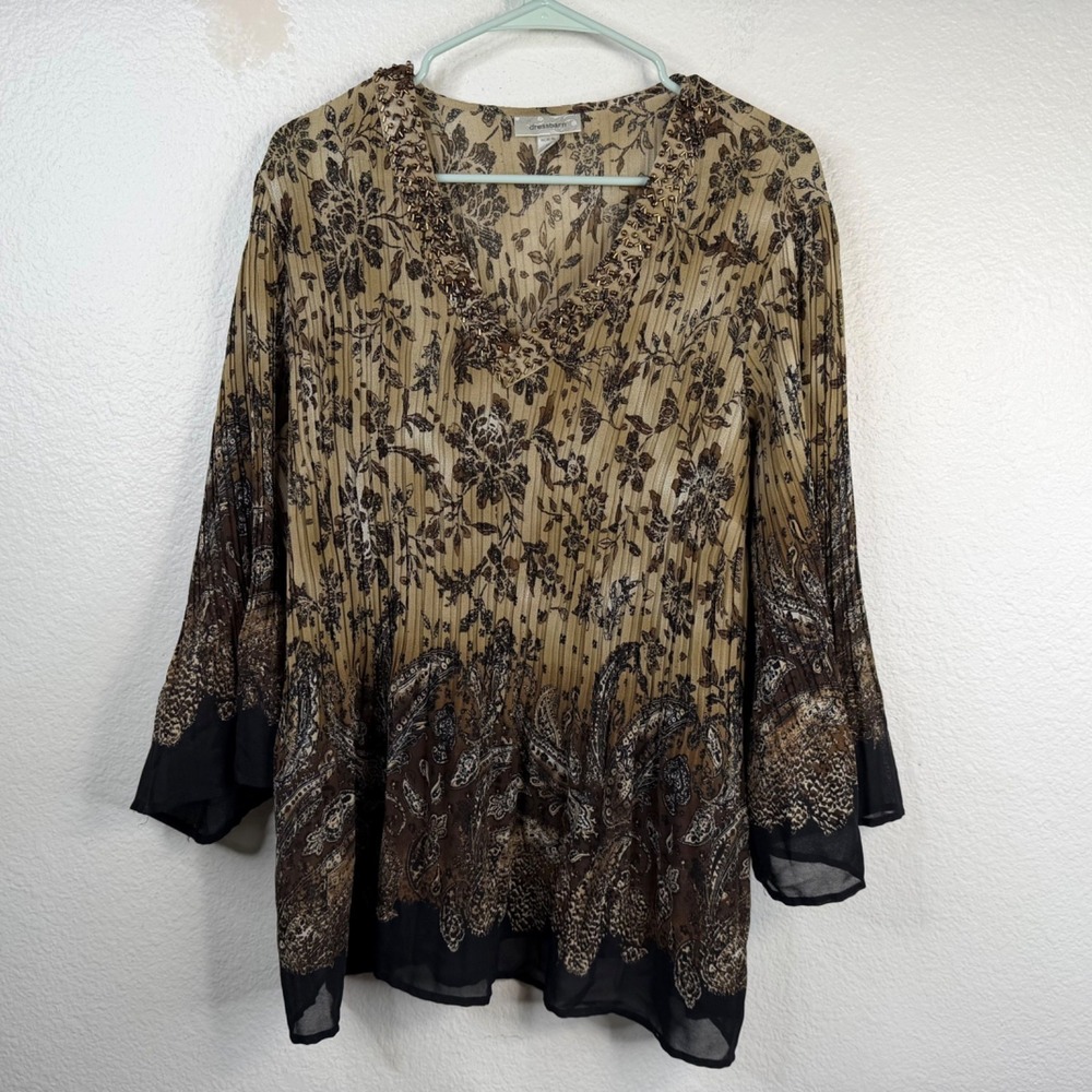 Dress Barn Top Women's Pleated Bell Sleeves Beaded Semi Sheer Floral Boho Sz 1X